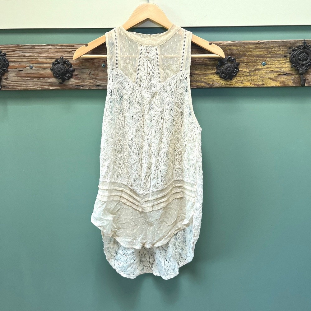 Free People Cream Lace Mesh Swiss Dot Sleeveless High-Low Top Small